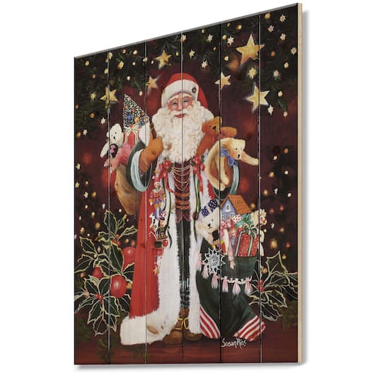 Designart Happy Santa Claus Christmas Print on Natural Pine Wood